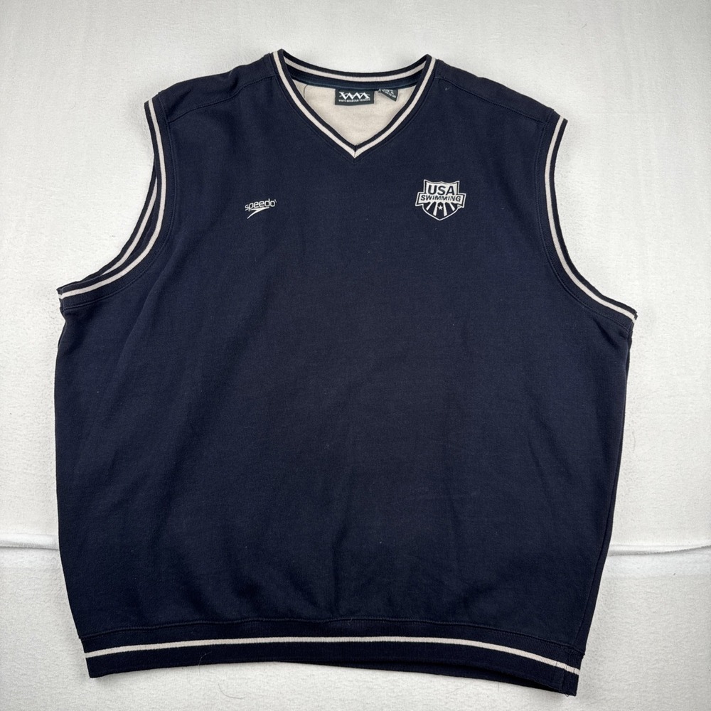 USA Swimming  Speedo Mens Navy Blue Sweater Vest White Mountain Traders XL